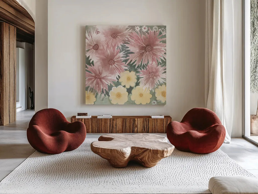 Fairy Garden II Pastel by Kathrine Lovell. Shown as extra-large giant wall art in a modern living room. Available as an archival giclee rolled canvas, fine art paper, or poster print. SKU 88128a.