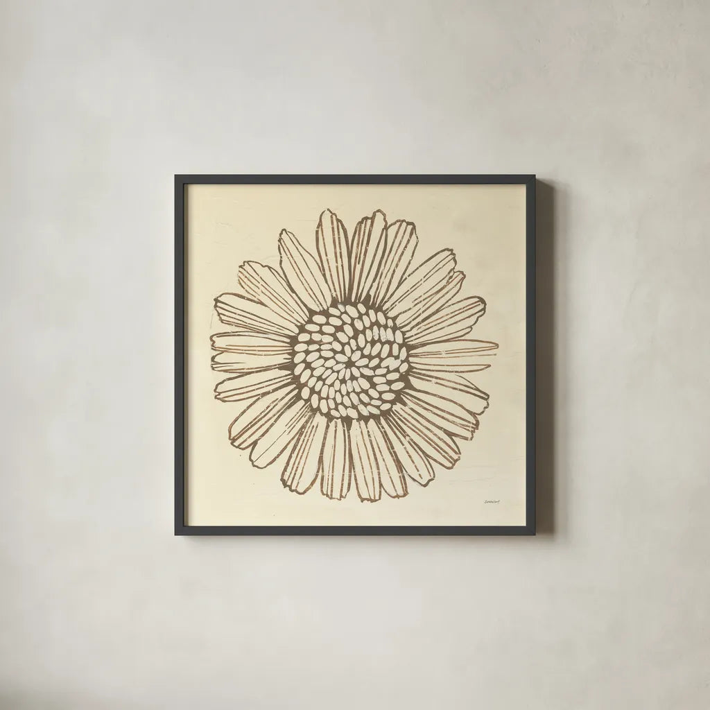 Farmhouse Sunflower by Kathrine Lovell. Shown in a sleek black glass frame for a contemporary gallery look. Available as an archival giclee rolled canvas, fine art paper, or poster print. SKU 71620a.