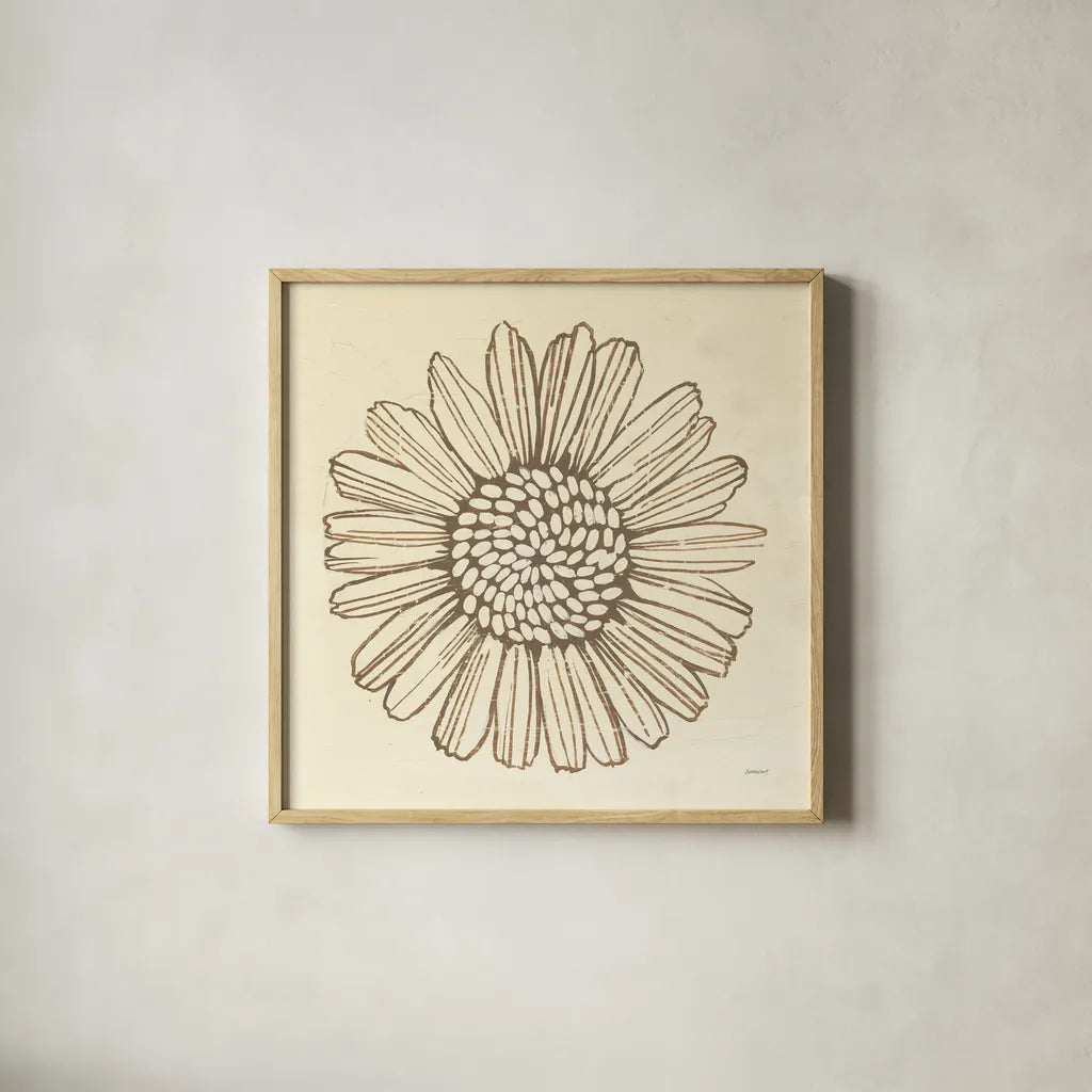 Farmhouse Sunflower by Kathrine Lovell. Shown in a natural wood glass frame for a timeless modern aesthetic. Available as an archival giclee rolled canvas, fine art paper, or poster print. SKU 71620a.