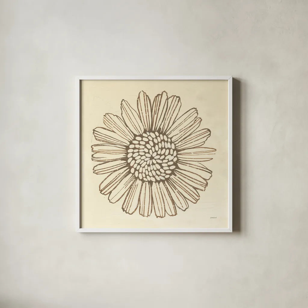 Farmhouse Sunflower by Kathrine Lovell. Shown in a crisp white glass frame for a clean and minimalist style. Available as an archival giclee rolled canvas, fine art paper, or poster print. SKU 71620a.