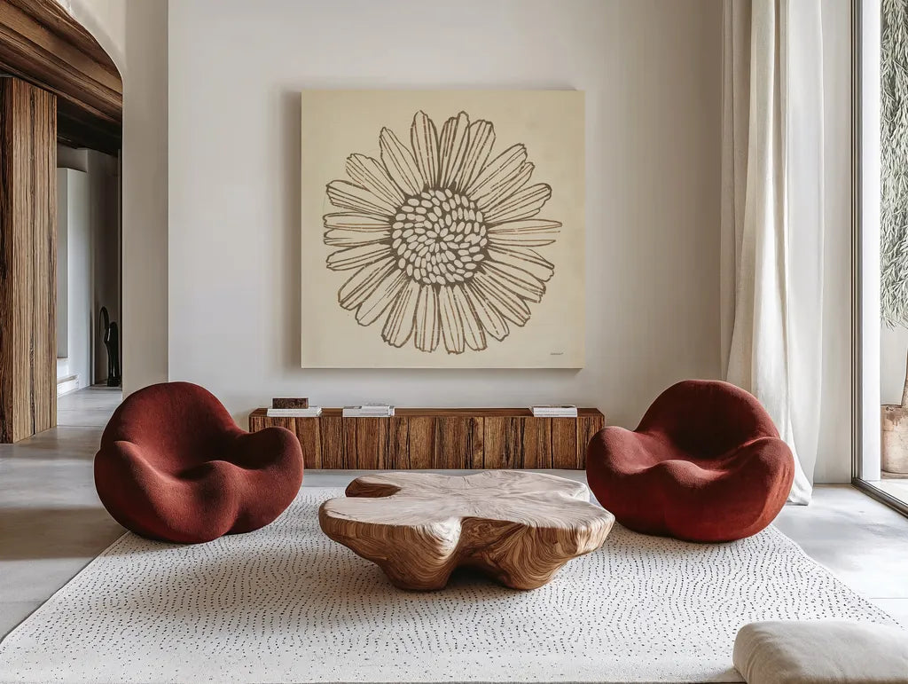 Farmhouse Sunflower by Kathrine Lovell. Shown as extra-large giant wall art in a modern living room. Available as an archival giclee rolled canvas, fine art paper, or poster print. SKU 71620a.