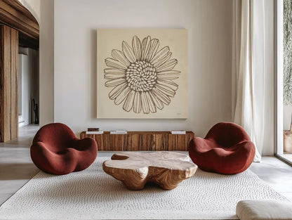 Farmhouse Sunflower by Kathrine Lovell. Shown as extra-large giant wall art in a modern living room. Available as an archival giclee rolled canvas, fine art paper, or poster print. SKU 71620a.