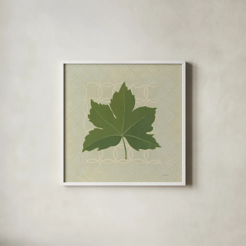 Forest Leaves I no Lines by Kathrine Lovell. Shown in a crisp white glass frame for a clean and minimalist style. Available as an archival giclee rolled canvas, fine art paper, or poster print. SKU 33731a.