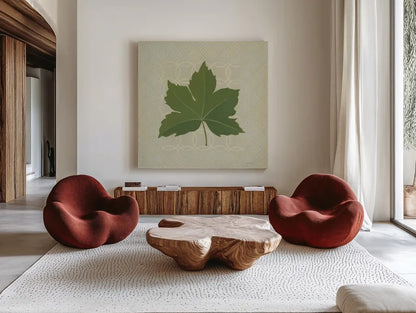 Forest Leaves I no Lines by Kathrine Lovell. Shown as extra-large giant wall art in a modern living room. Available as an archival giclee rolled canvas, fine art paper, or poster print. SKU 33731a.
