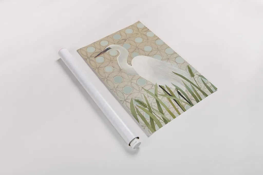 Free as a Bird Egret by Kathrine Lovell. shown as a rolled paper print. Available as archival giclee rolled canvas, fine art paper, or poster print. SKU 58945h.