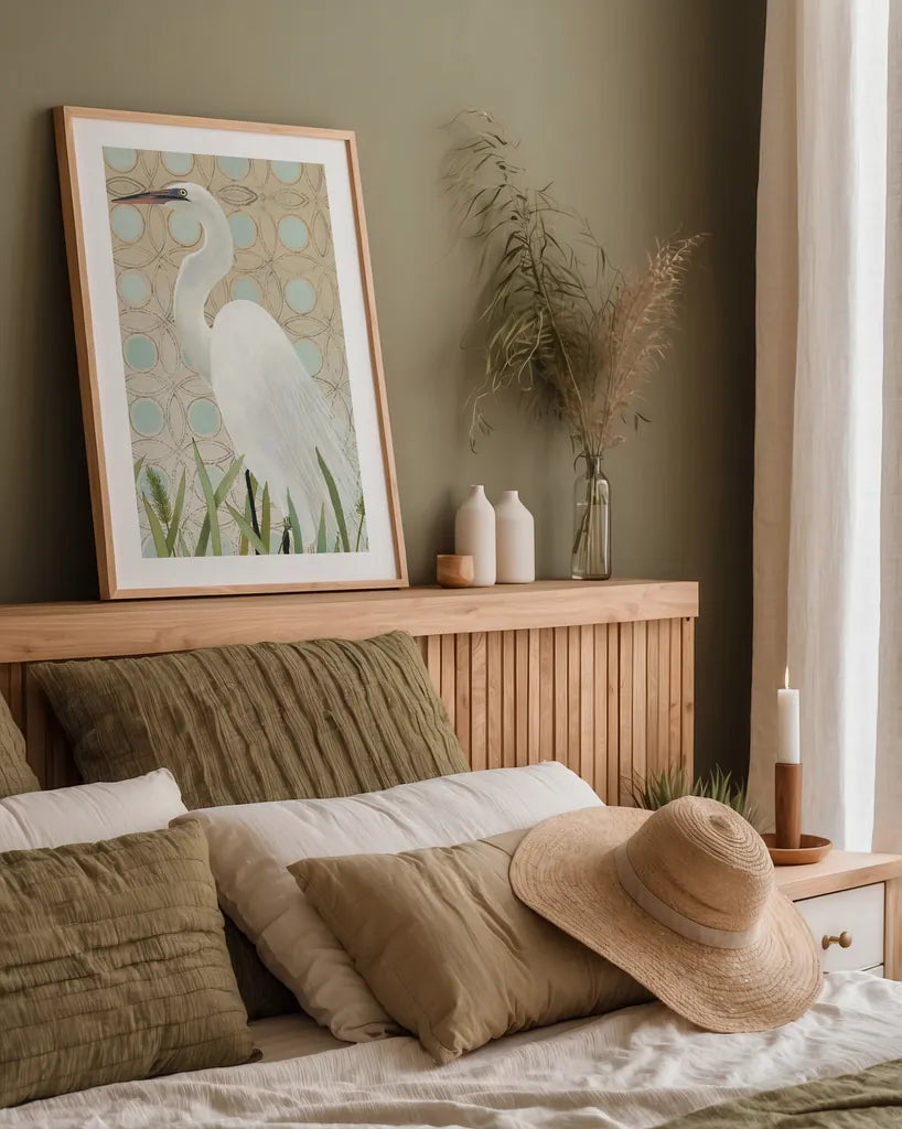 Free as a Bird Egret by Kathrine Lovell. shown as a paper print in a natural frame. Available as a archival giclee rolled canvas, fine art paper, or poster print. SKU 58945h.