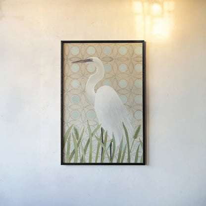Free as a Bird Egret by Kathrine Lovell. shown as a paper print in a black flame. Available as a archival giclee rolled canvas, fine art paper, or poster print. SKU 58945h.
