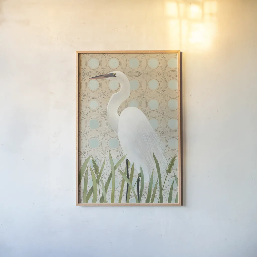 Free as a Bird Egret by Kathrine Lovell. shown as a paper print in a natural frame. Available as a archival giclee rolled canvas, fine art paper, or poster print. SKU 58945h.