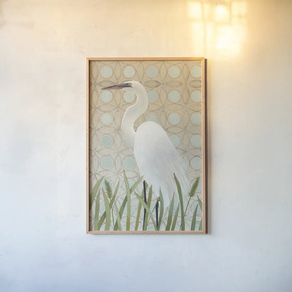 Free as a Bird Egret by Kathrine Lovell. shown as a paper print in a natural frame. Available as a archival giclee rolled canvas, fine art paper, or poster print. SKU 58945h.