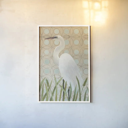 Free as a Bird Egret by Kathrine Lovell. shown as a paper print in a white frame. Available as a archival giclee rolled canvas, fine art paper, or poster print. SKU 58945h.
