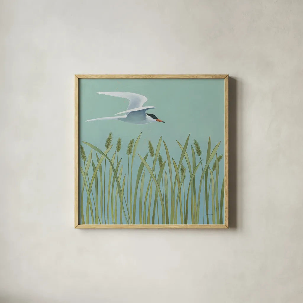 Free as a Bird I by Kathrine Lovell. Shown in a natural wood glass frame for a timeless modern aesthetic. Available as an archival giclee rolled canvas, fine art paper, or poster print. SKU 28140a.