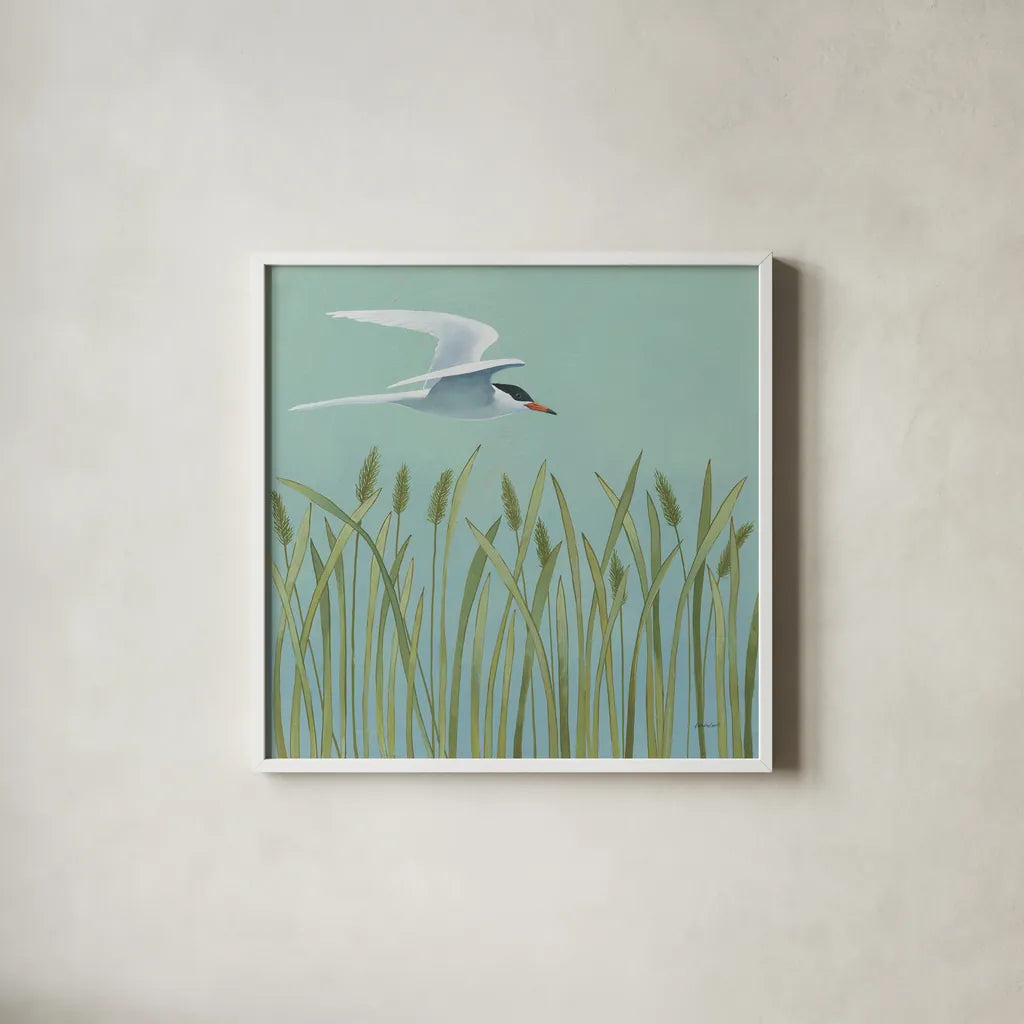 Free as a Bird I by Kathrine Lovell. Shown in a crisp white glass frame for a clean and minimalist style. Available as an archival giclee rolled canvas, fine art paper, or poster print. SKU 28140a.