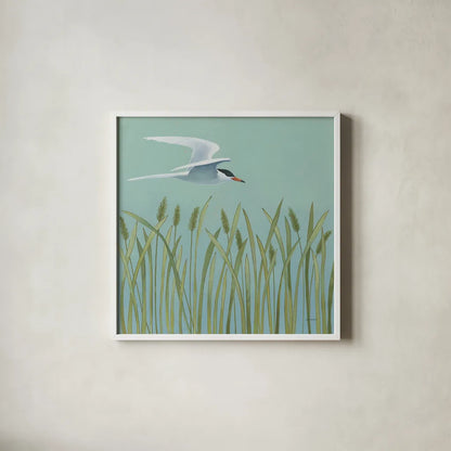 Free as a Bird I by Kathrine Lovell. Shown in a crisp white glass frame for a clean and minimalist style. Available as an archival giclee rolled canvas, fine art paper, or poster print. SKU 28140a.