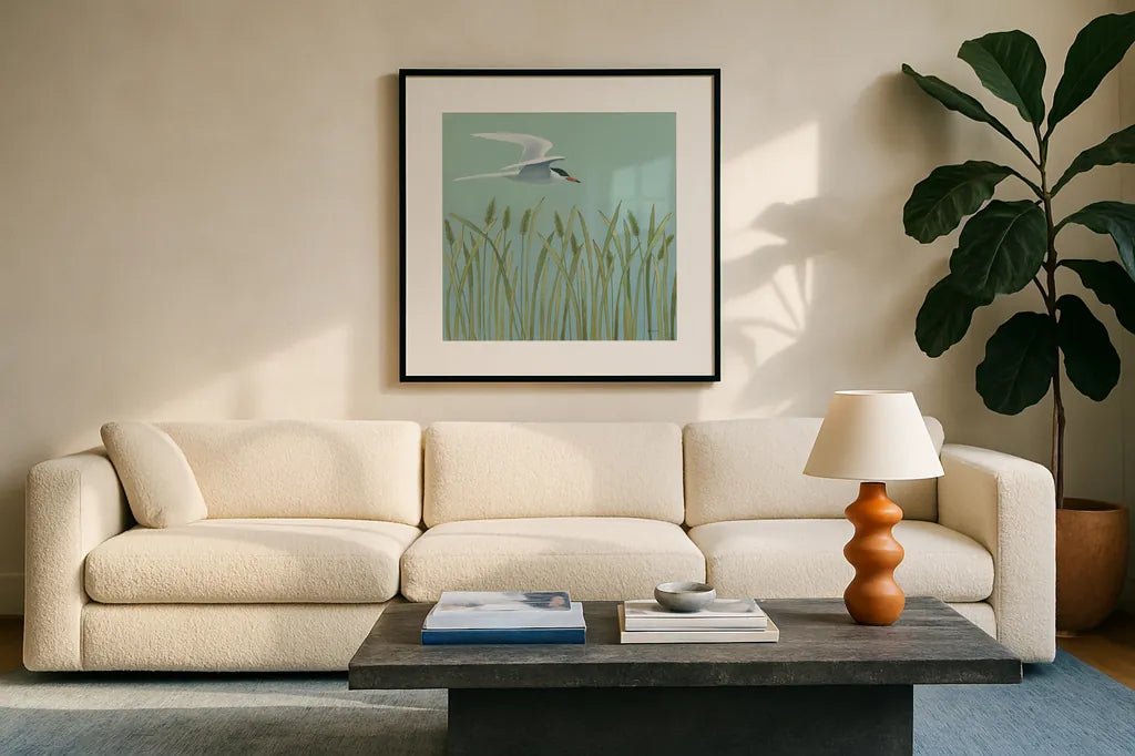 Free as a Bird I by Kathrine Lovell. Displayed in a glass frame with matte in a clean modern living room. Available as an archival giclee rolled canvas, fine art paper, or poster print. SKU 28140a.