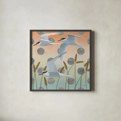 Free as a Bird II by Kathrine Lovell. Shown in a sleek black glass frame for a contemporary gallery look. Available as an archival giclee rolled canvas, fine art paper, or poster print. SKU 28141a.