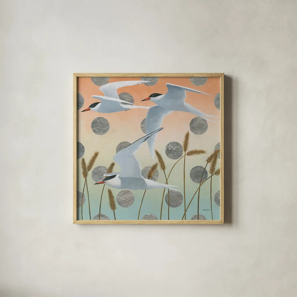 Free as a Bird II by Kathrine Lovell. Shown in a natural wood glass frame for a timeless modern aesthetic. Available as an archival giclee rolled canvas, fine art paper, or poster print. SKU 28141a.