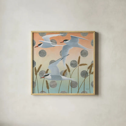 Free as a Bird II by Kathrine Lovell. Shown in a natural wood glass frame for a timeless modern aesthetic. Available as an archival giclee rolled canvas, fine art paper, or poster print. SKU 28141a.