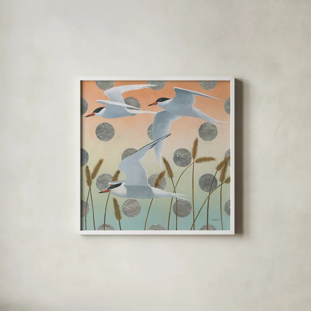 Free as a Bird II by Kathrine Lovell. Shown in a crisp white glass frame for a clean and minimalist style. Available as an archival giclee rolled canvas, fine art paper, or poster print. SKU 28141a.