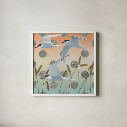 Free as a Bird II by Kathrine Lovell. Shown in a crisp white glass frame for a clean and minimalist style. Available as an archival giclee rolled canvas, fine art paper, or poster print. SKU 28141a.