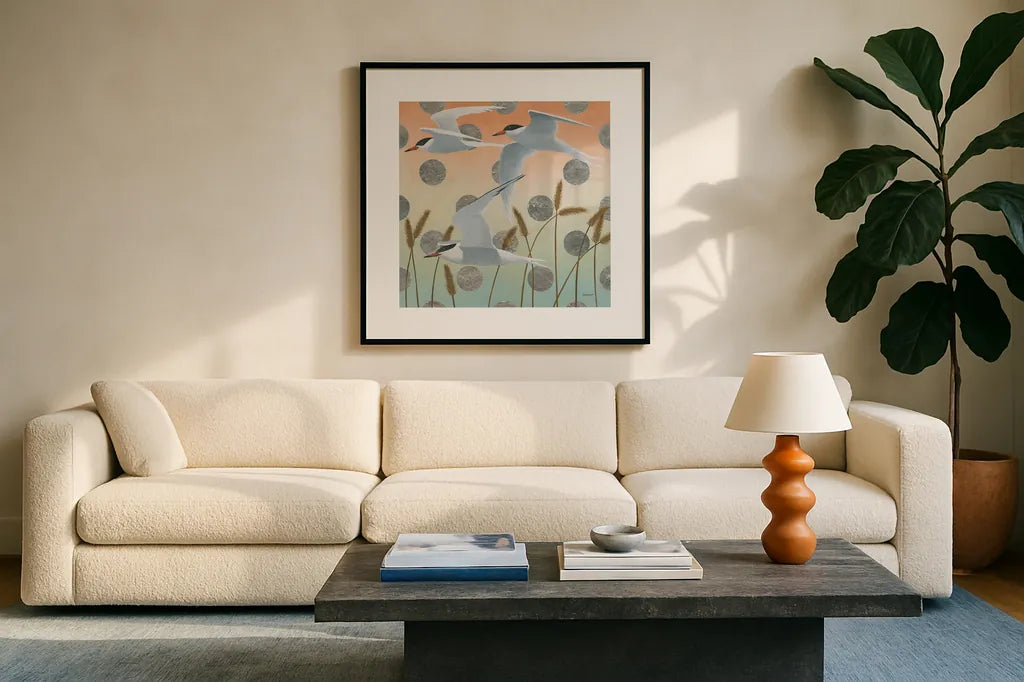 Free as a Bird II by Kathrine Lovell. Displayed in a glass frame with matte in a clean modern living room. Available as an archival giclee rolled canvas, fine art paper, or poster print. SKU 28141a.