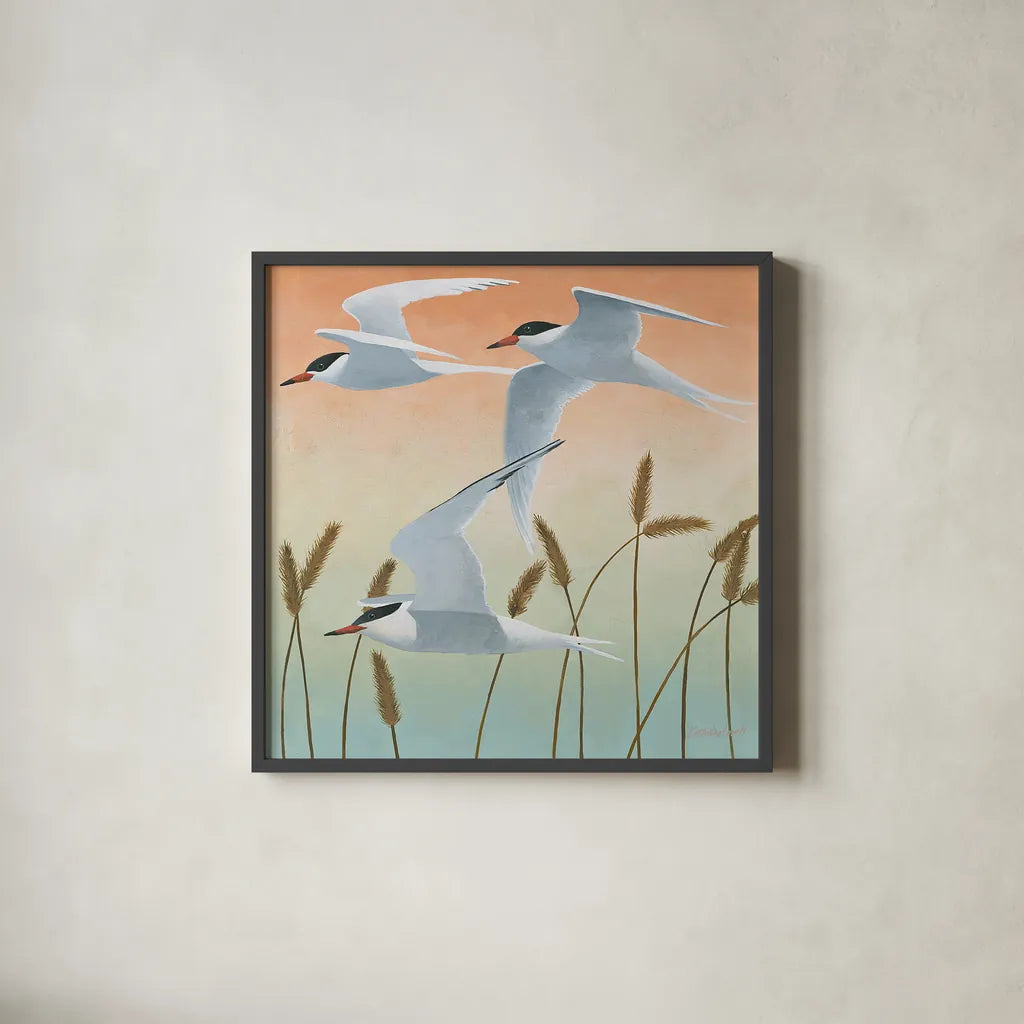 Free as a Bird II v2 by Kathrine Lovell. Shown in a sleek black glass frame for a contemporary gallery look. Available as an archival giclee rolled canvas, fine art paper, or poster print. SKU 30065a.