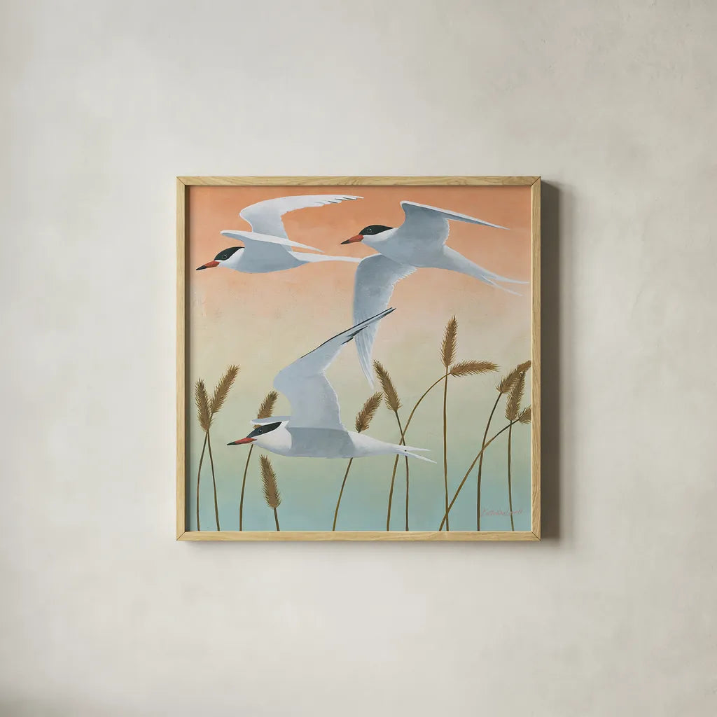 Free as a Bird II v2 by Kathrine Lovell. Shown in a natural wood glass frame for a timeless modern aesthetic. Available as an archival giclee rolled canvas, fine art paper, or poster print. SKU 30065a.