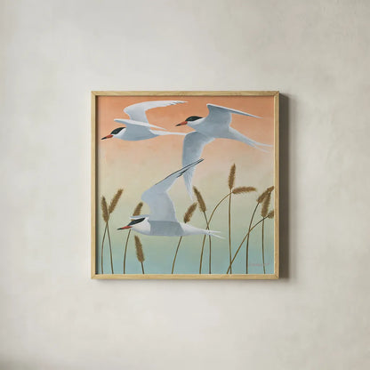 Free as a Bird II v2 by Kathrine Lovell. Shown in a natural wood glass frame for a timeless modern aesthetic. Available as an archival giclee rolled canvas, fine art paper, or poster print. SKU 30065a.