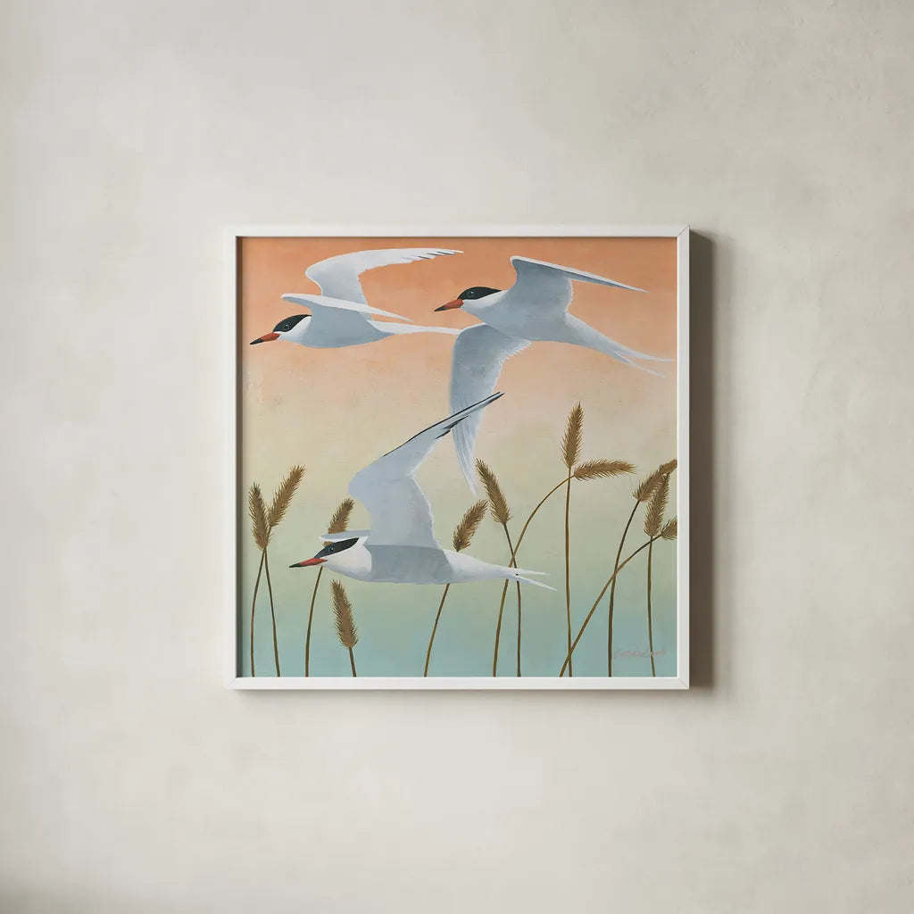 Free as a Bird II v2 by Kathrine Lovell. Shown in a crisp white glass frame for a clean and minimalist style. Available as an archival giclee rolled canvas, fine art paper, or poster print. SKU 30065a.