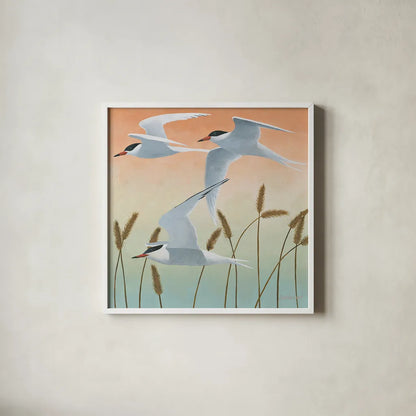 Free as a Bird II v2 by Kathrine Lovell. Shown in a crisp white glass frame for a clean and minimalist style. Available as an archival giclee rolled canvas, fine art paper, or poster print. SKU 30065a.