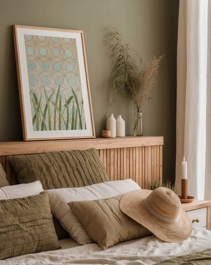 Free as a Bird Pattern I by Kathrine Lovell. shown as a paper print in a natural frame. Available as a archival giclee rolled canvas, fine art paper, or poster print. SKU 28142h.