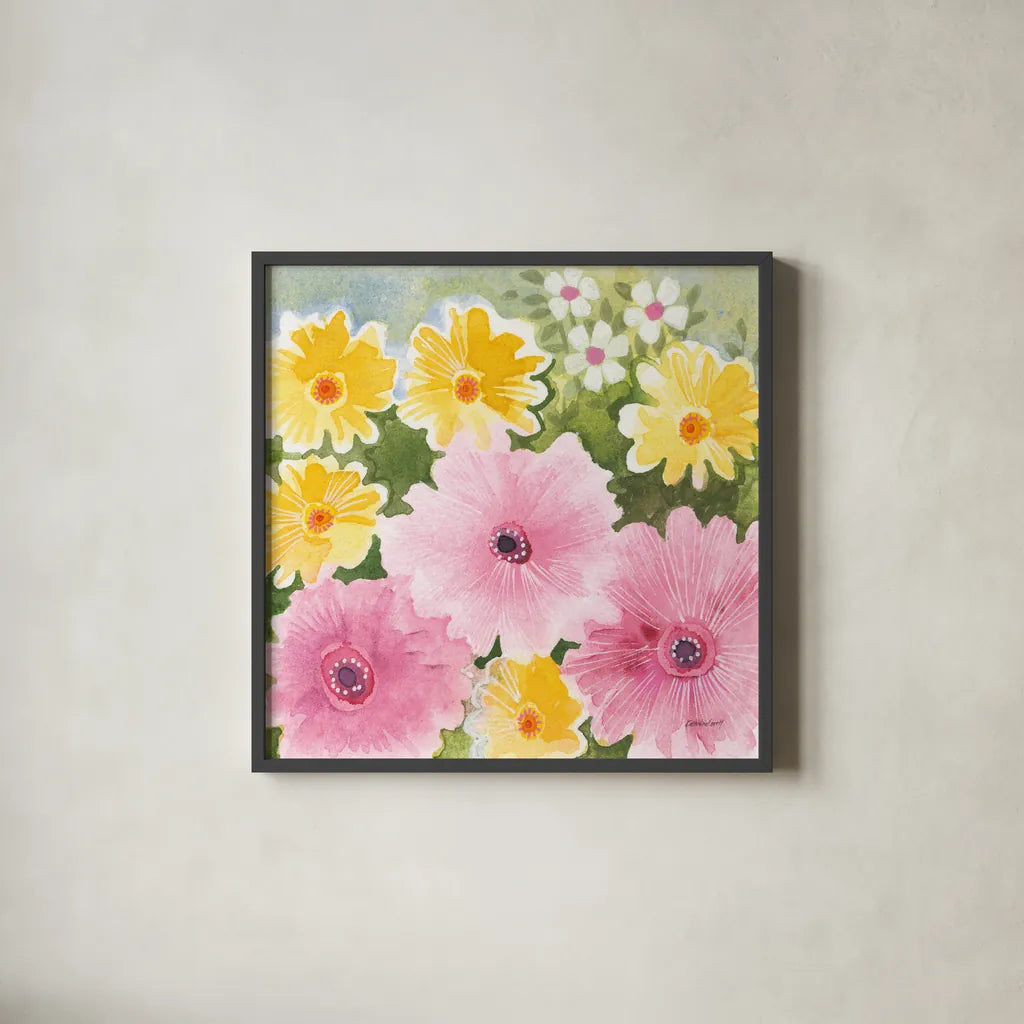 Garden Party I by Kathrine Lovell. Shown in a sleek black glass frame for a contemporary gallery look. Available as an archival giclee rolled canvas, fine art paper, or poster print. SKU 84783a.