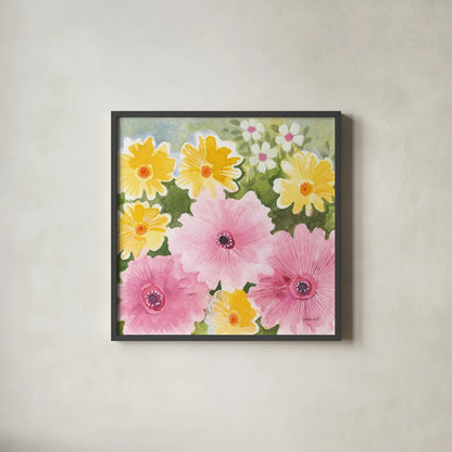 Garden Party I by Kathrine Lovell. Shown in a sleek black glass frame for a contemporary gallery look. Available as an archival giclee rolled canvas, fine art paper, or poster print. SKU 84783a.