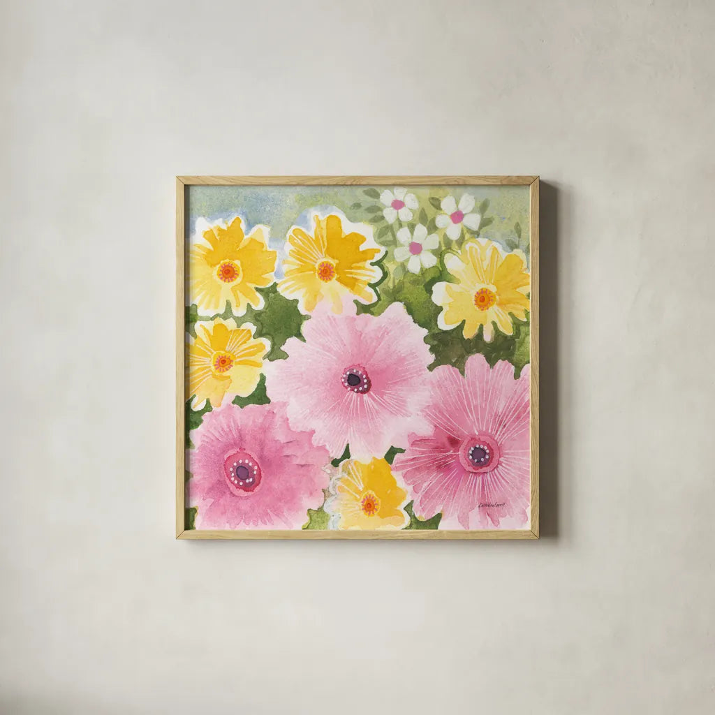 Garden Party I by Kathrine Lovell. Shown in a natural wood glass frame for a timeless modern aesthetic. Available as an archival giclee rolled canvas, fine art paper, or poster print. SKU 84783a.