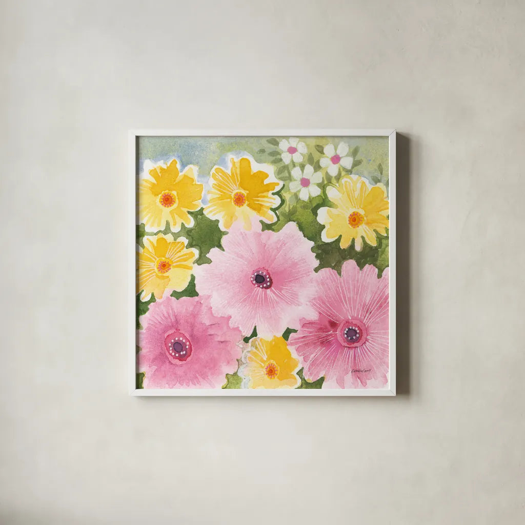 Garden Party I by Kathrine Lovell. Shown in a crisp white glass frame for a clean and minimalist style. Available as an archival giclee rolled canvas, fine art paper, or poster print. SKU 84783a.
