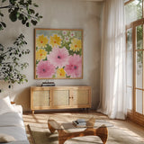 Garden Party I by Kathrine Lovell. Shown in a natural wood frame in a cozy modern living room. Available as an archival giclee rolled canvas, fine art paper, or poster print. SKU 84783a.