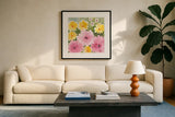 Garden Party I by Kathrine Lovell. Displayed in a glass frame with matte in a clean modern living room. Available as an archival giclee rolled canvas, fine art paper, or poster print. SKU 84783a.