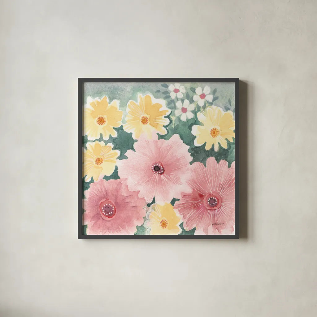Garden Party I Pastel by Kathrine Lovell. Shown in a sleek black glass frame for a contemporary gallery look. Available as an archival giclee rolled canvas, fine art paper, or poster print. SKU 88125a.