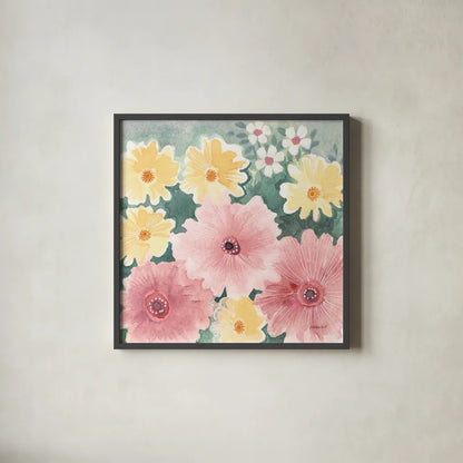 Garden Party I Pastel by Kathrine Lovell. Shown in a sleek black glass frame for a contemporary gallery look. Available as an archival giclee rolled canvas, fine art paper, or poster print. SKU 88125a.