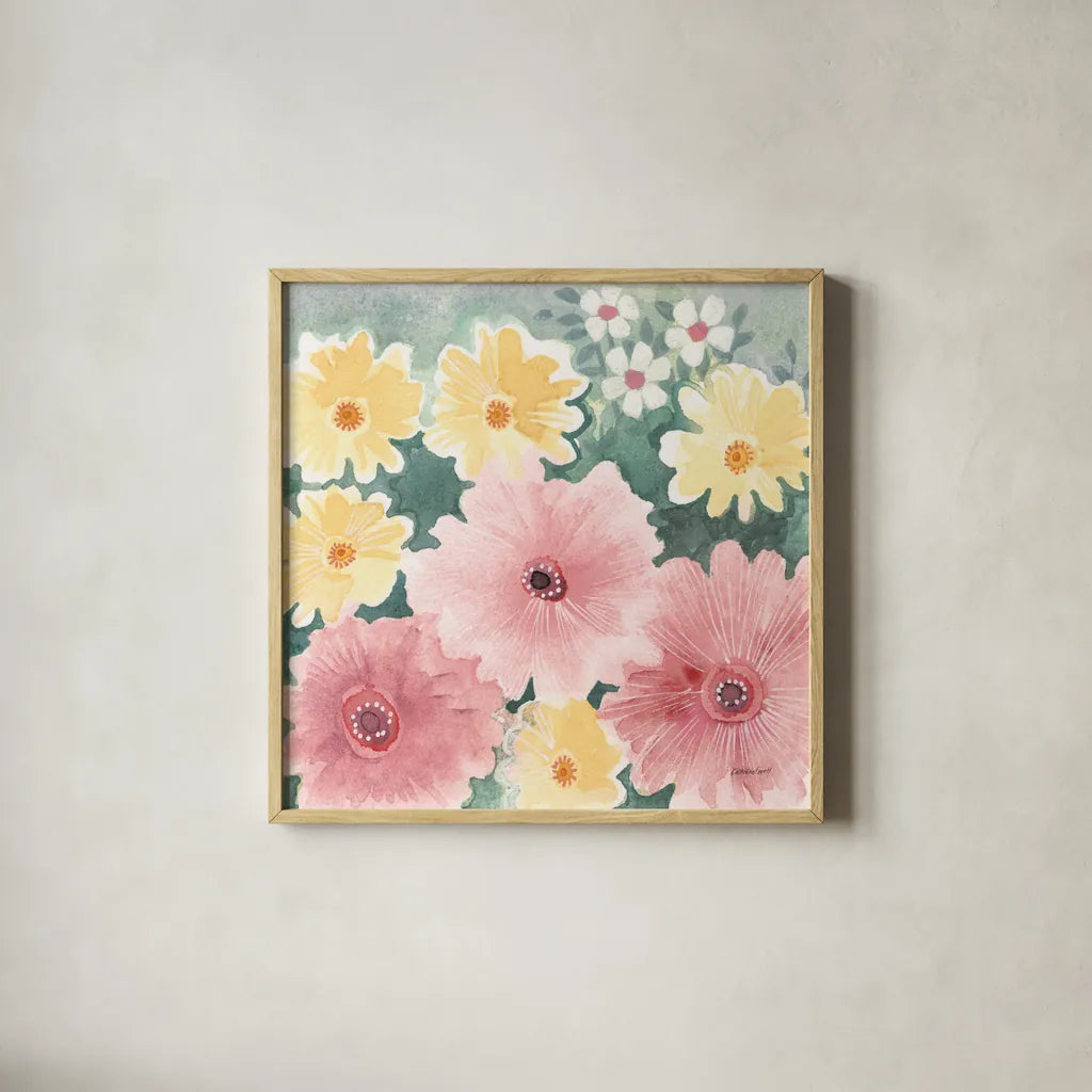 Garden Party I Pastel by Kathrine Lovell. Shown in a natural wood glass frame for a timeless modern aesthetic. Available as an archival giclee rolled canvas, fine art paper, or poster print. SKU 88125a.