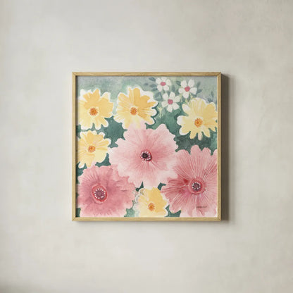 Garden Party I Pastel by Kathrine Lovell. Shown in a natural wood glass frame for a timeless modern aesthetic. Available as an archival giclee rolled canvas, fine art paper, or poster print. SKU 88125a.