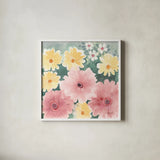 Garden Party I Pastel by Kathrine Lovell. Shown in a crisp white glass frame for a clean and minimalist style. Available as an archival giclee rolled canvas, fine art paper, or poster print. SKU 88125a.