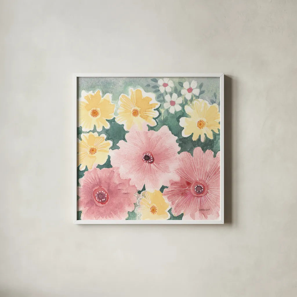 Garden Party I Pastel by Kathrine Lovell. Shown in a crisp white glass frame for a clean and minimalist style. Available as an archival giclee rolled canvas, fine art paper, or poster print. SKU 88125a.