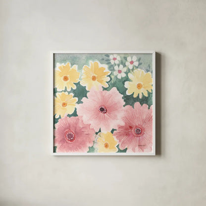 Garden Party I Pastel by Kathrine Lovell. Shown in a crisp white glass frame for a clean and minimalist style. Available as an archival giclee rolled canvas, fine art paper, or poster print. SKU 88125a.