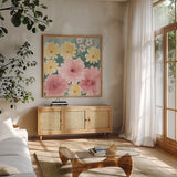 Garden Party I Pastel by Kathrine Lovell. Shown in a natural wood frame in a cozy modern living room. Available as an archival giclee rolled canvas, fine art paper, or poster print. SKU 88125a.