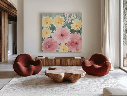 Garden Party I Pastel by Kathrine Lovell. Shown as extra-large giant wall art in a modern living room. Available as an archival giclee rolled canvas, fine art paper, or poster print. SKU 88125a.