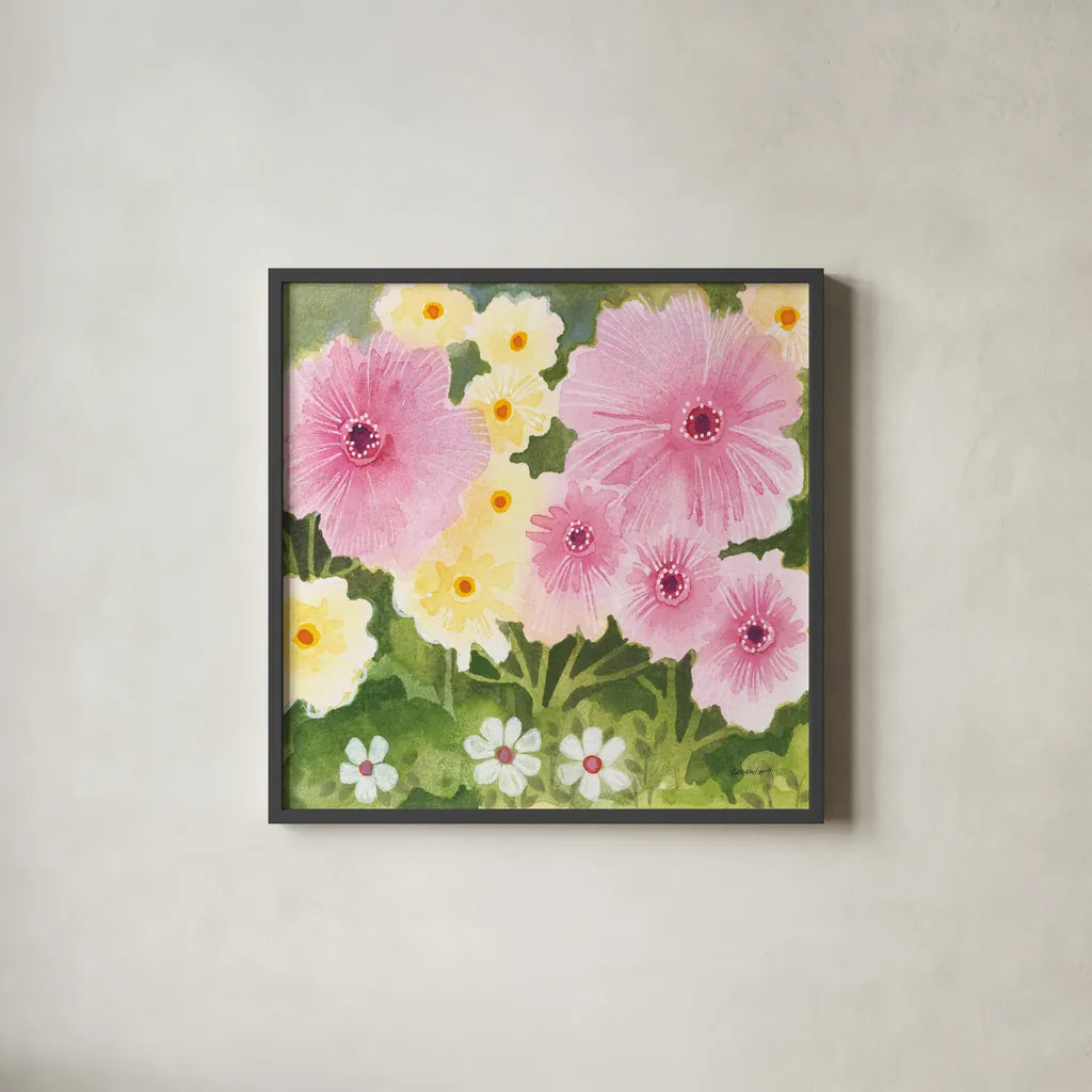 Garden Party II by Kathrine Lovell. Shown in a sleek black glass frame for a contemporary gallery look. Available as an archival giclee rolled canvas, fine art paper, or poster print. SKU 84784a.