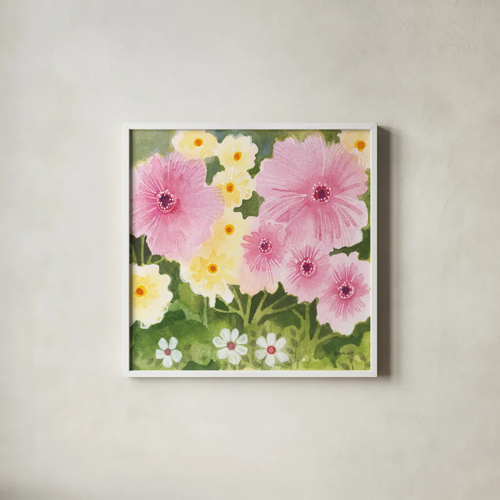 Garden Party II by Kathrine Lovell. Shown in a crisp white glass frame for a clean and minimalist style. Available as an archival giclee rolled canvas, fine art paper, or poster print. SKU 84784a.