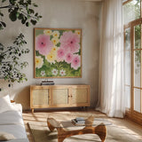 Garden Party II by Kathrine Lovell. Shown in a natural wood frame in a cozy modern living room. Available as an archival giclee rolled canvas, fine art paper, or poster print. SKU 84784a.