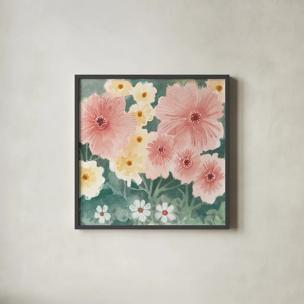 Garden Party II Pastel by Kathrine Lovell. Shown in a sleek black glass frame for a contemporary gallery look. Available as an archival giclee rolled canvas, fine art paper, or poster print. SKU 88126a.