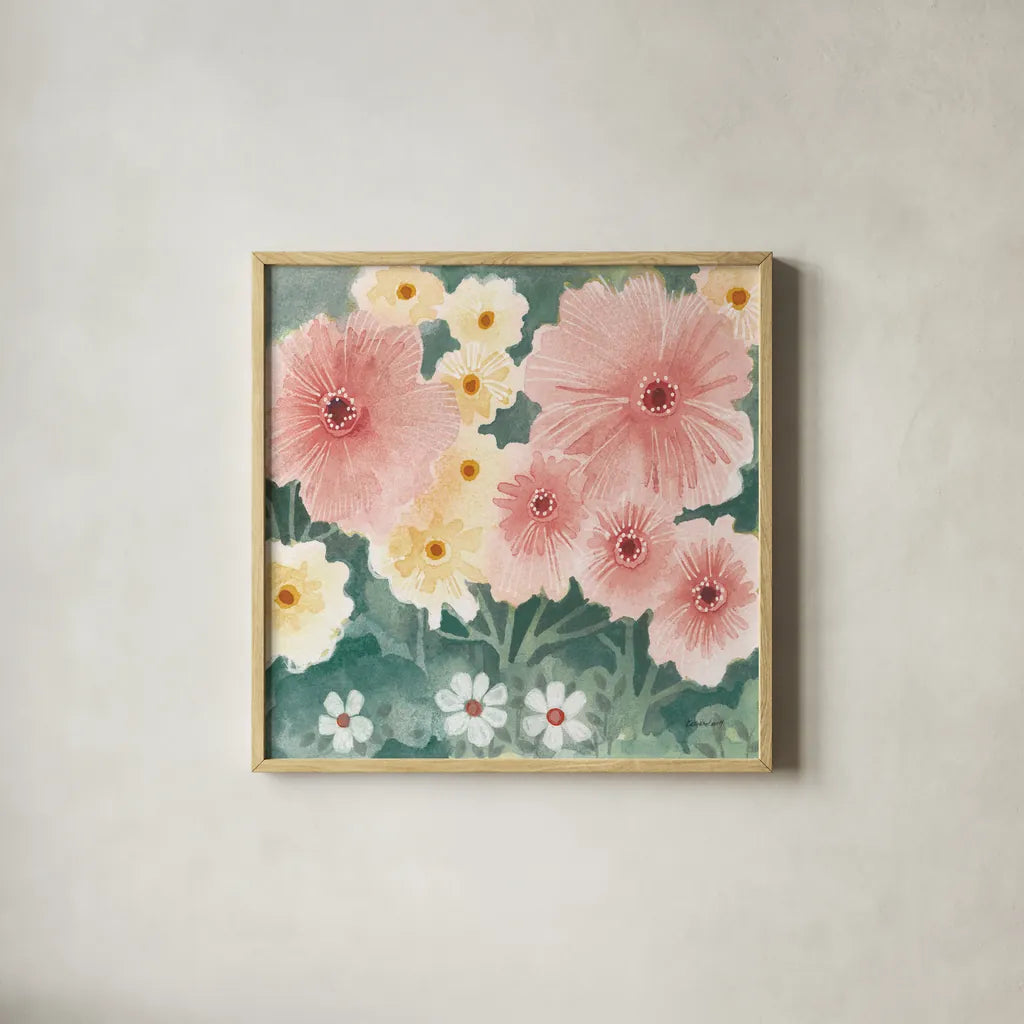 Garden Party II Pastel by Kathrine Lovell. Shown in a natural wood glass frame for a timeless modern aesthetic. Available as an archival giclee rolled canvas, fine art paper, or poster print. SKU 88126a.